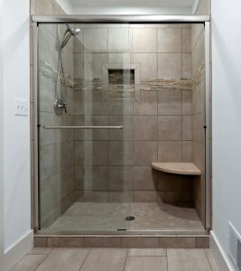 Tile shower with sliding glass door