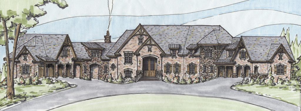 Hand drawn rendering of front of custom home