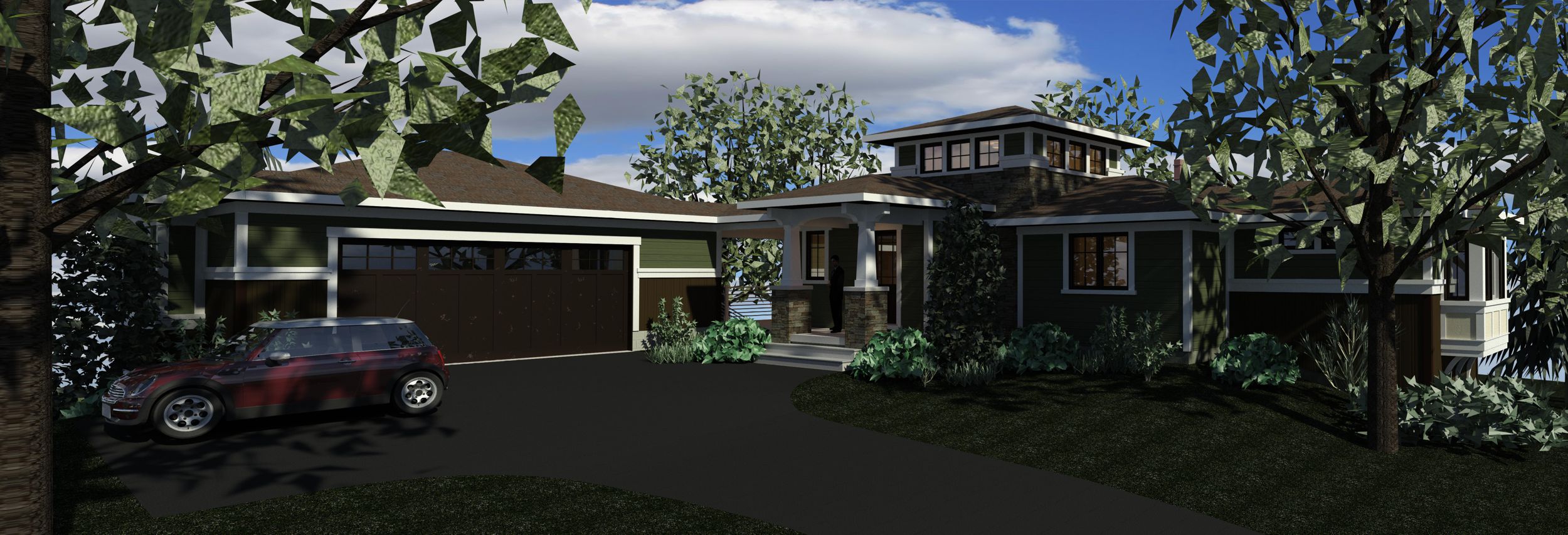 Color computer rendering of prairie style home looking up driveway.