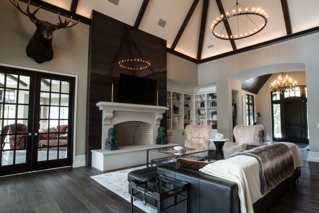 View of cut stone fireplace in Great room