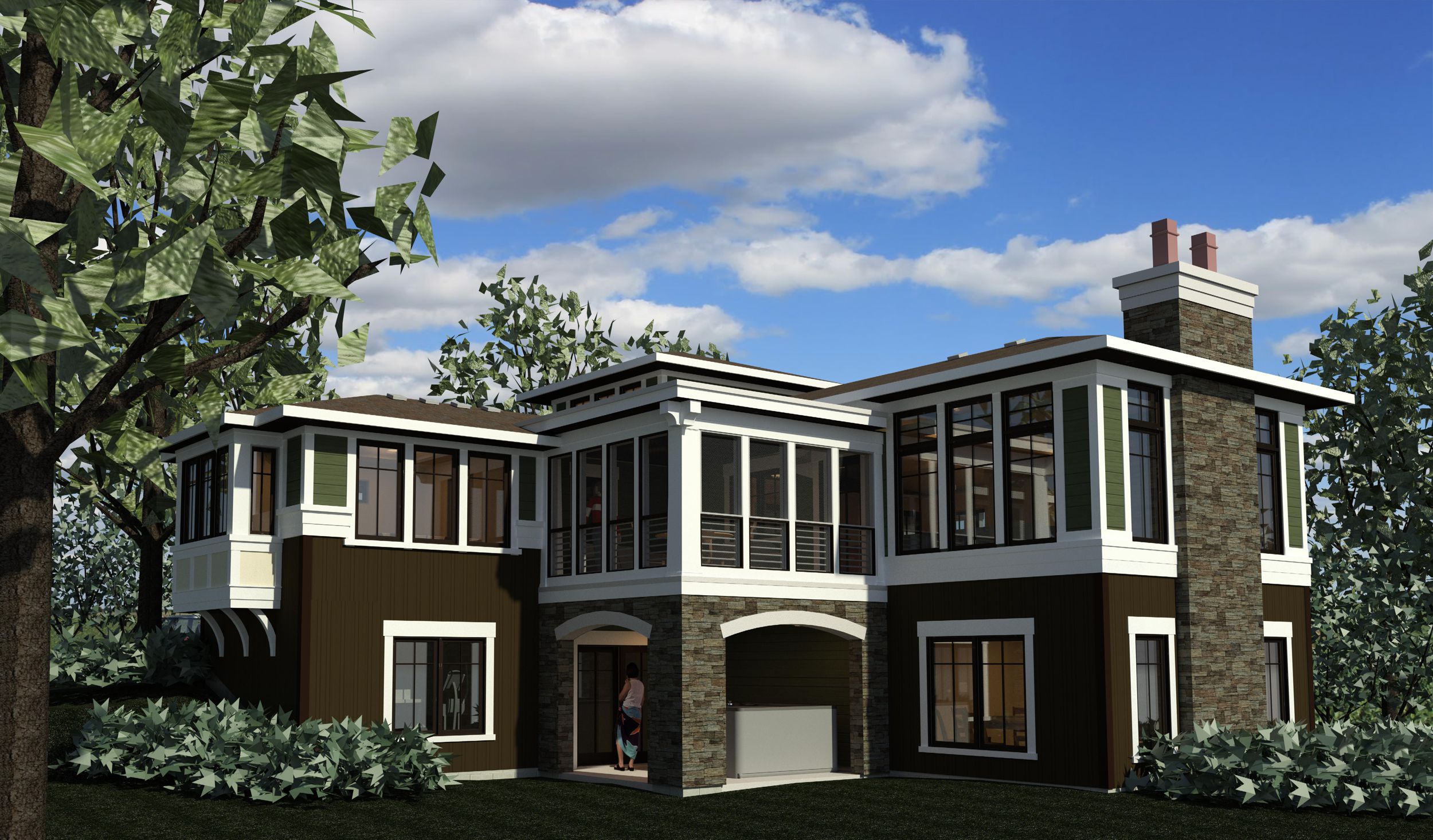 Color computer rendering of rear side of home with screen porch