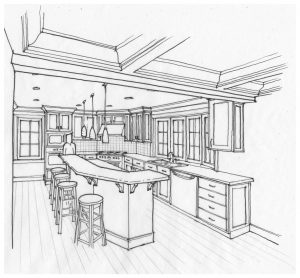 Line art perspective sketch of kitchen design