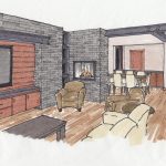 Hand colored rendering of a contemporary fireplace