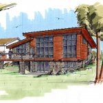 Color rendering of a brick and wood home design.