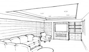 Line art sketch of modern family room